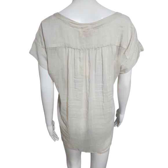 Momoni Medium Peasant Cotton Silk Sheer Lagenlook Blouse Beige Hi Low Hem Top - Picture 7 of 10